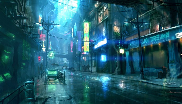 Cyberpunk street with neon signs and rain