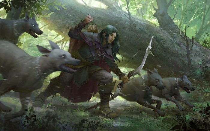 Fantasy warrior archer with wolves in forest