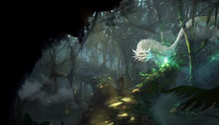 Fantasy art of a dragon in a forest