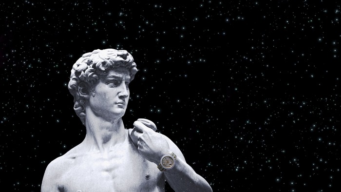 Statue of David with Rolex watch in space
