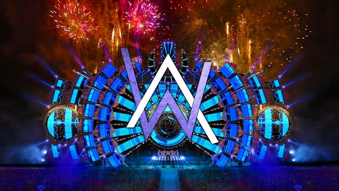 Alan Walker logo on stage with fireworks
