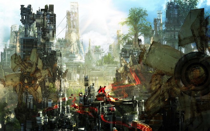Futuristic city ruins with overgrown nature and flying vehicles