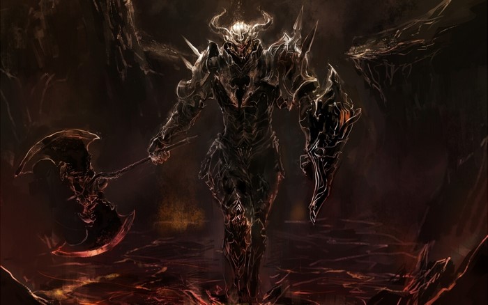 Dark armored warrior with axe and shield on lava