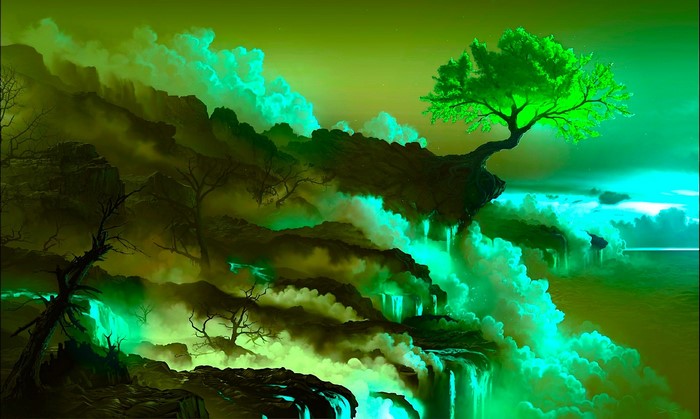 Fantasy landscape with glowing waterfalls and a lone tree