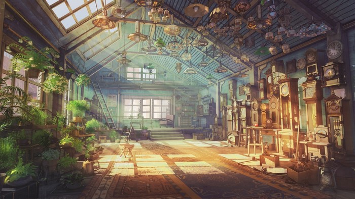 Sunlit Vintage Clock Workshop with Lush Greenery