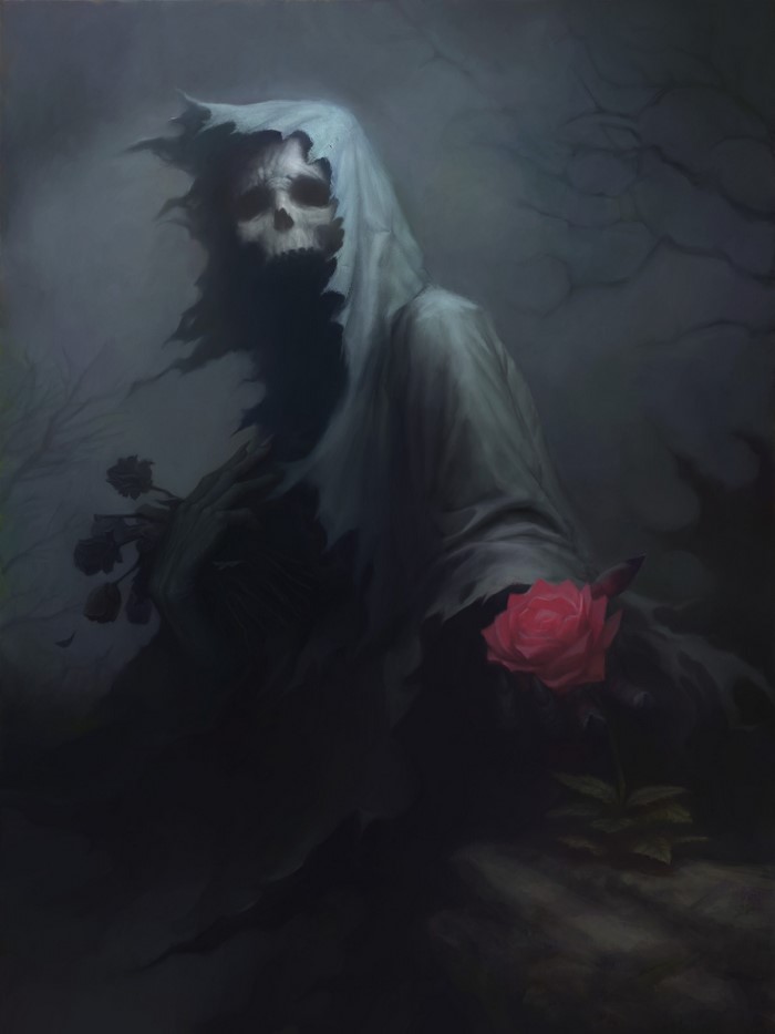 The Grim Reaper holding a rose