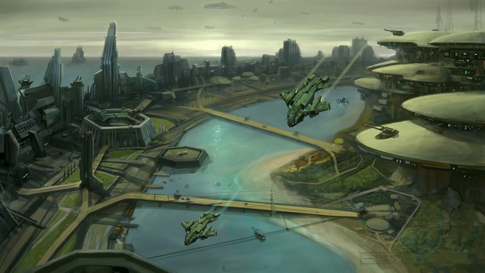 Futuristic city with flying spaceships over a river