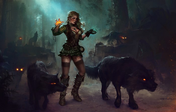 Fantasy art of a sorceress with wolves in a forest