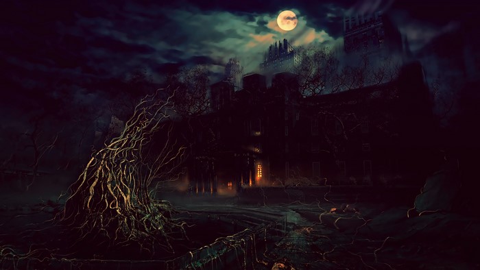 Fantasy art of a haunted mansion at night