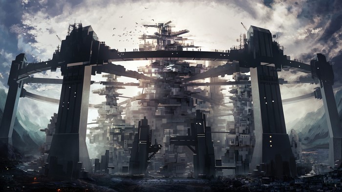 Futuristic city construction with towers and bridges