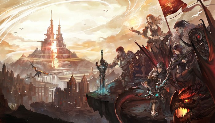 Fantasy heroes with dragons overlooking a city and castle