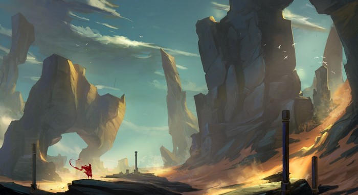 Fantasy desert landscape with a lone traveler