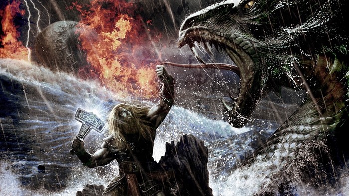 Thor battles Jörmungandr during Ragnarök
