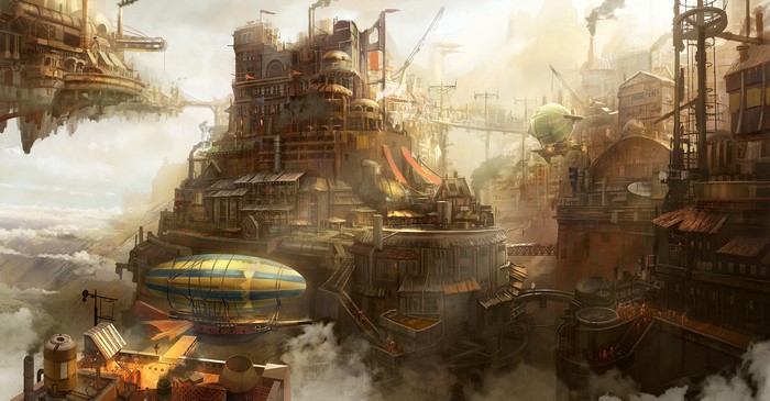 Steampunk city with airships in the clouds
