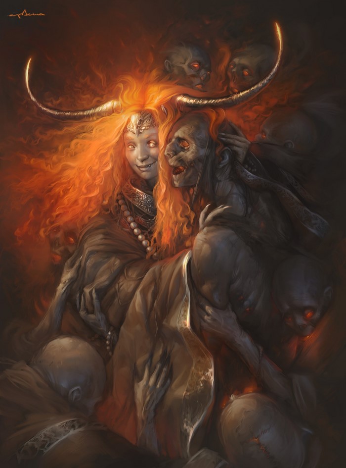 Demonic woman with horns and fiery hair surrounded by zombies