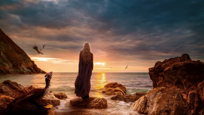 Daenerys Targaryen from Game of Thrones with Dragons at Sunset