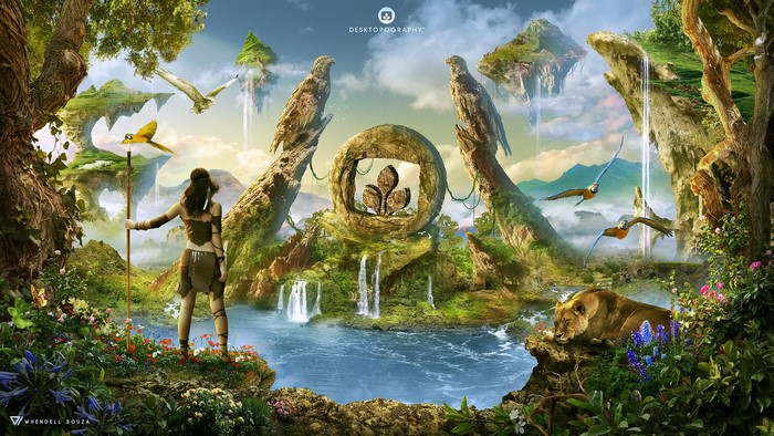 Fantasy Stone Age Landscape with Birds and Ancient Symbols