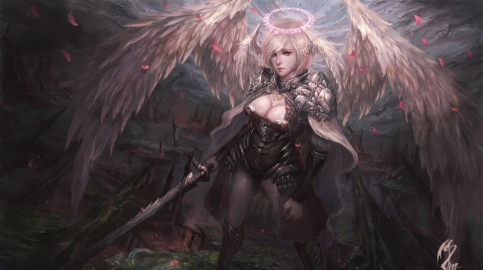 Fantasy angel warrior with sword and wings