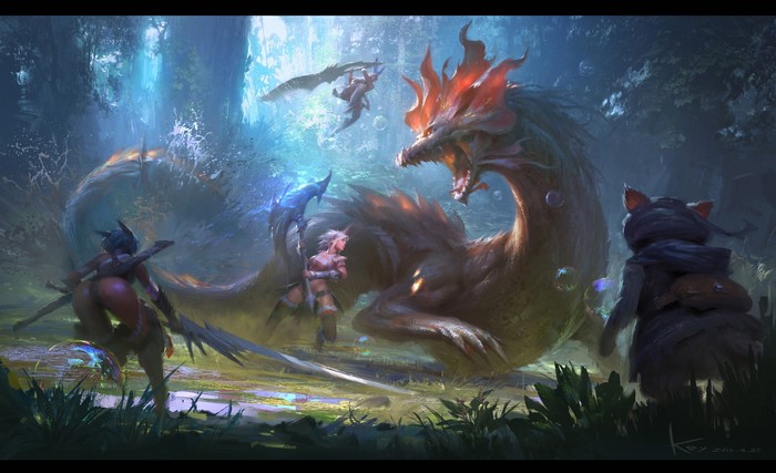 Fantasy art of a dragon and hunters in a forest