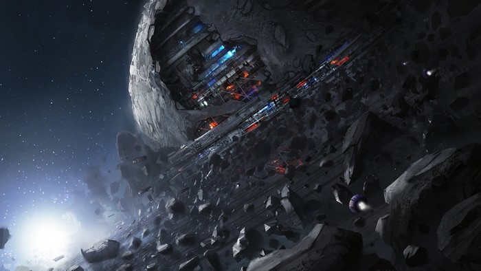 Futuristic space station built into an asteroid
