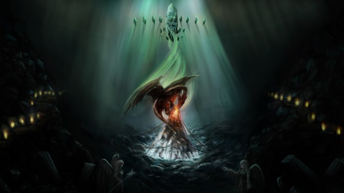 Dragon and Angels in a Dark Cave with Crystals