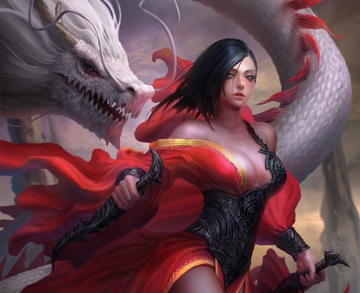 Woman in red dress with dragon