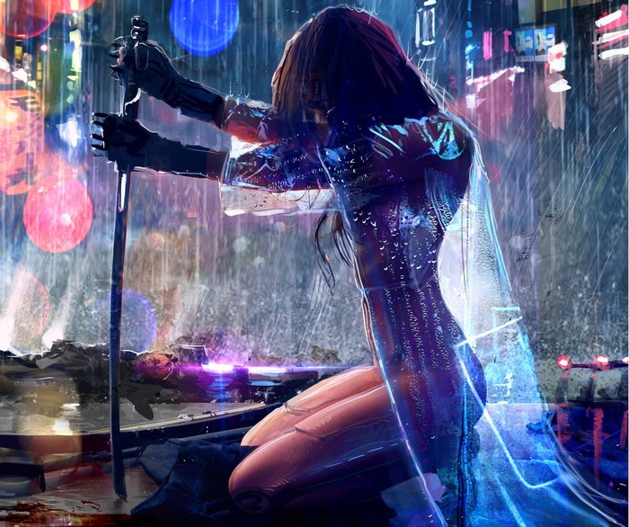 Woman warrior with sword in cyberpunk city rain