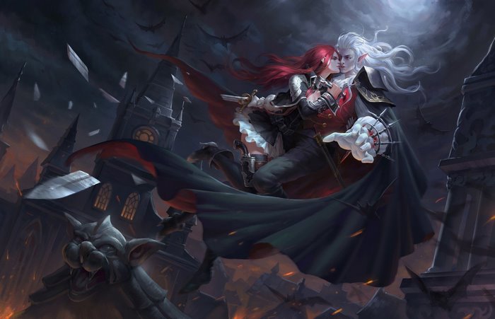 Vampire couple in front of a gothic castle