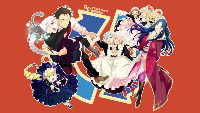Re:Zero characters with Subaru, Emilia, Beatrice, Ram, Rem, and Roswaal