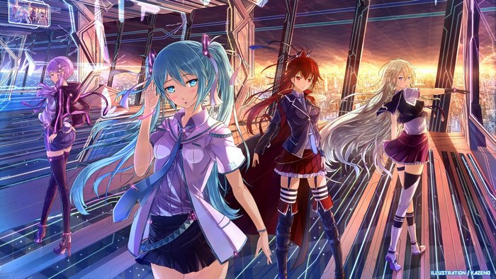 Hatsune Miku and friends in a futuristic city