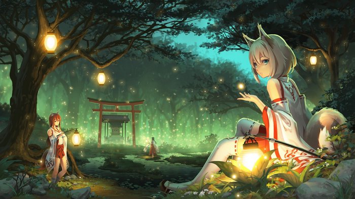 Anime girls with kitsunemimi in a magical forest