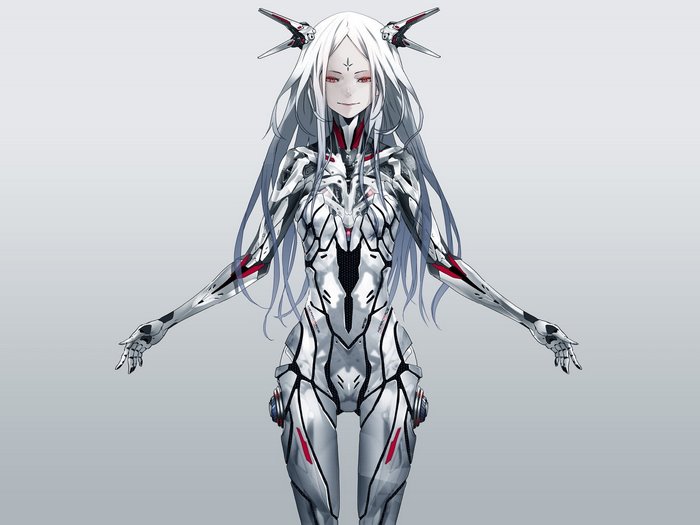 Mecha girl with white hair and red eyes