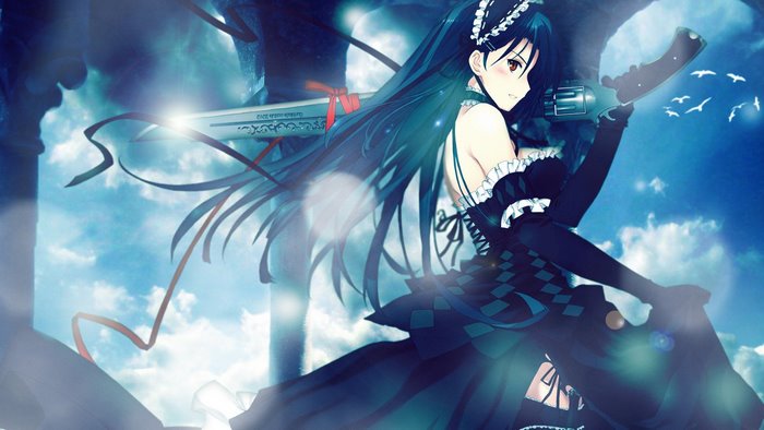 Anime girl with black hair holding a gunblade