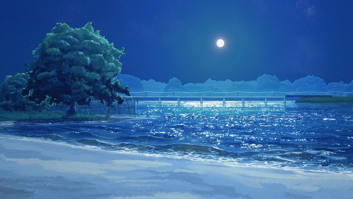 Moonlit Beach with Bridge and Tree