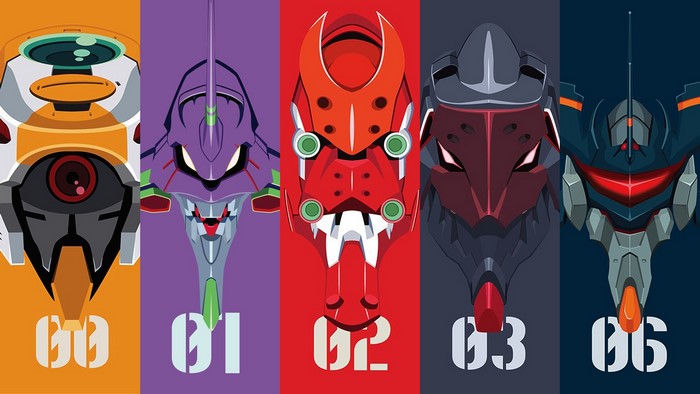 Neon Genesis Evangelion Eva Units 00, 01, 02, 03, and 06