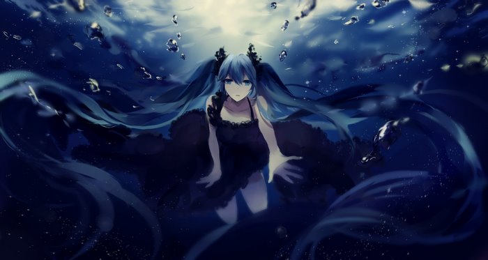 Hatsune Miku from Vocaloid underwater in a black dress