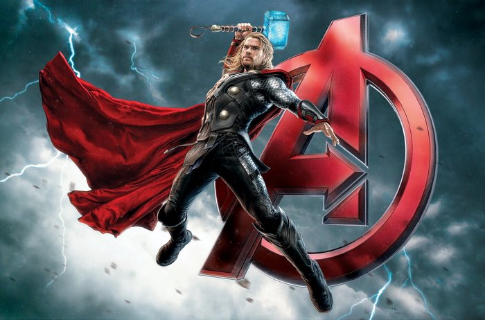 Thor from Avengers with Mjolnir and Avengers Logo