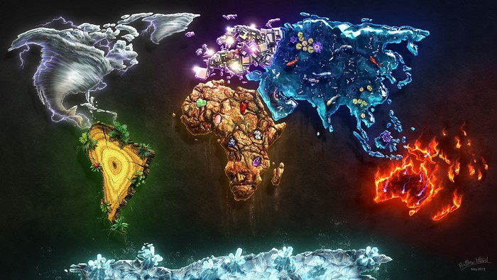 World map represented by elements: air, earth, water, and fire