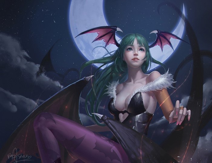 Morrigan from Darkstalkers under the moon