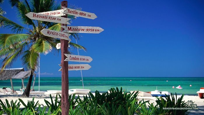 Beach signpost with destinations and distances