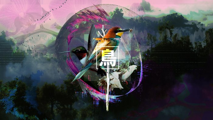 Collage of birds and nature with Japanese calligraphy