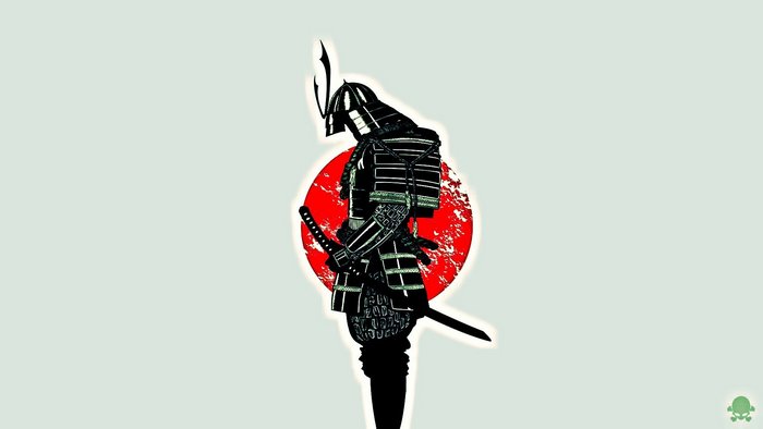 Samurai warrior against Japanese flag