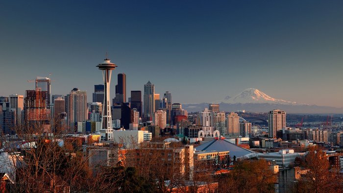 Seattle Skyline with Space Needle and Mount Rainier