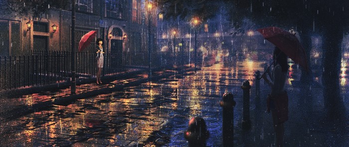Two women with umbrellas in a rainy city street at night