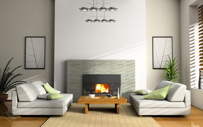 Modern living room with fireplace and sofas
