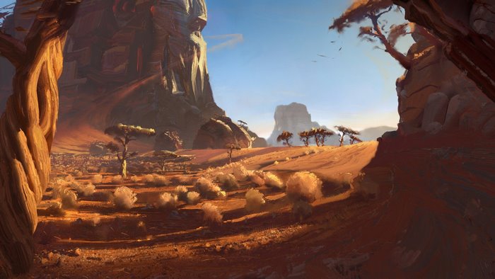 Digital art of a desert landscape with rock formations and trees