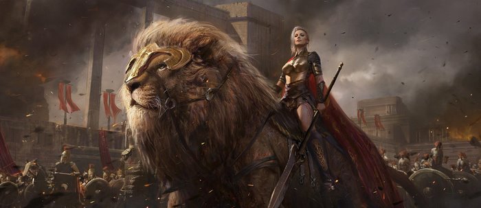 Warrior riding a lion in a battle scene