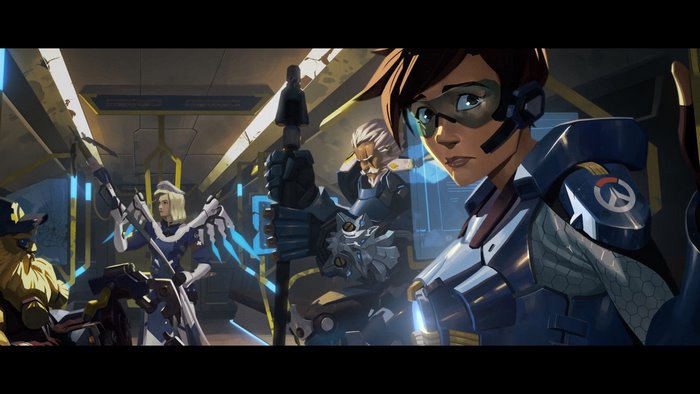 Overwatch characters Tracer, Mercy, Reinhardt, and Torbjörn