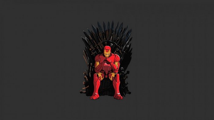 Iron Man sitting on the Iron Throne