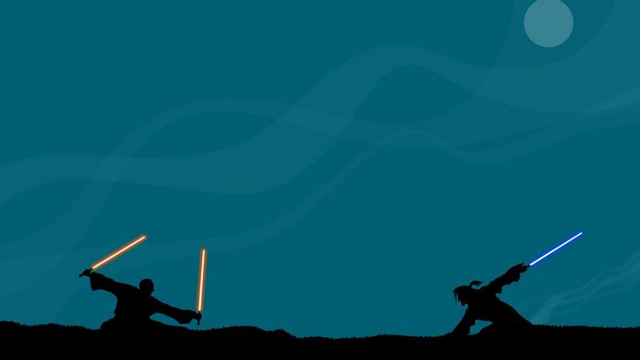 Star Wars duel with lightsabers at night
